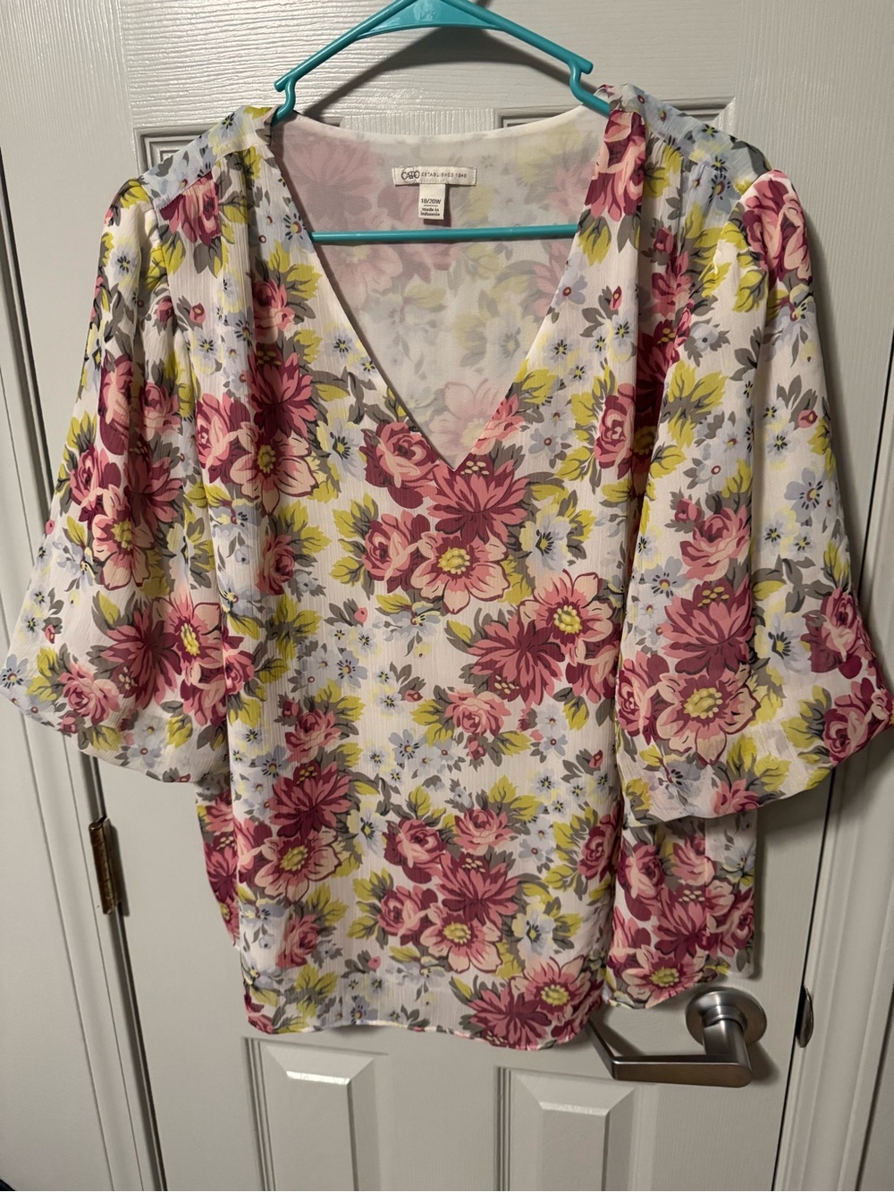 Cato Floral V-Neck Blouse in Pink, Yellow and White